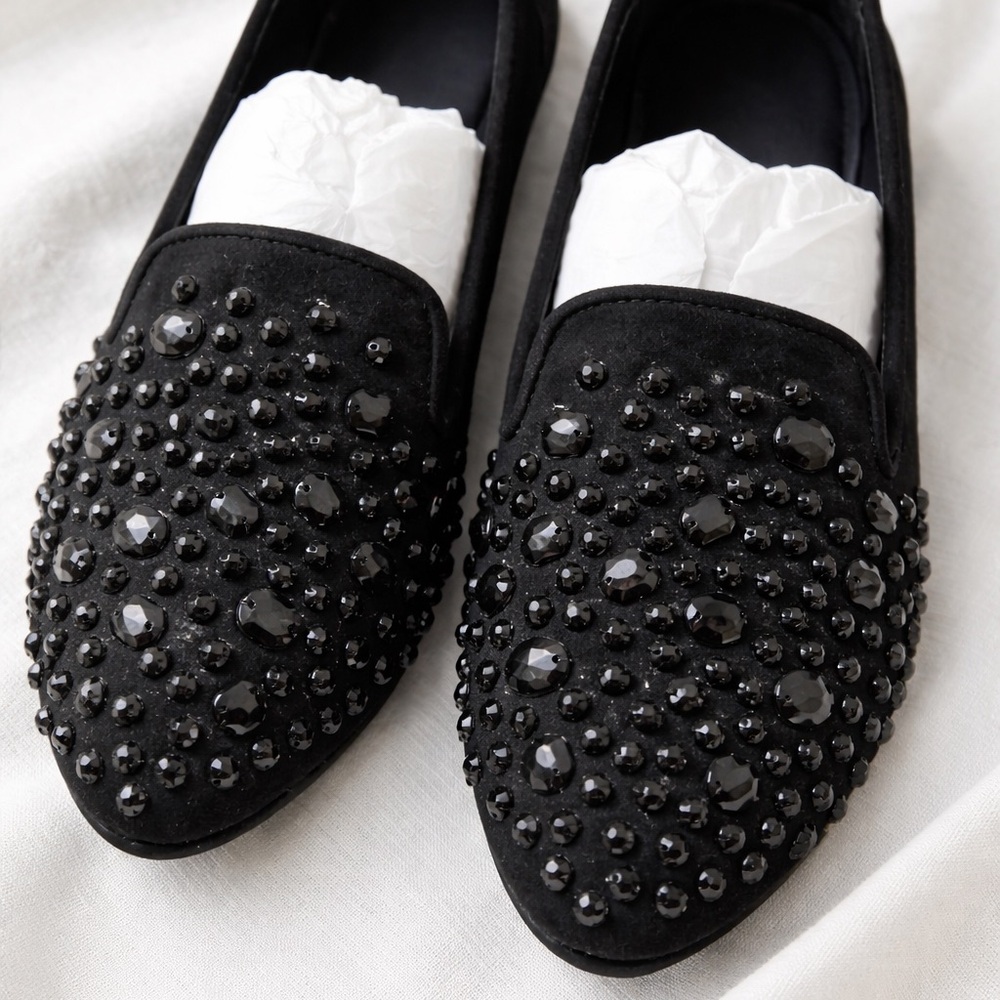 Black Beaded Suede Loafers - Women's Slip-On Flats